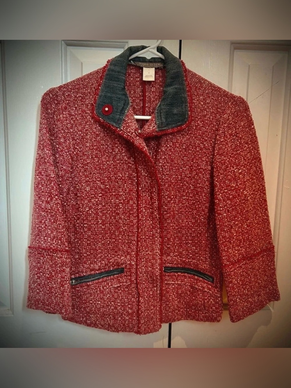 Women's Red Tweed Jacket with Contrasting Denim Collar